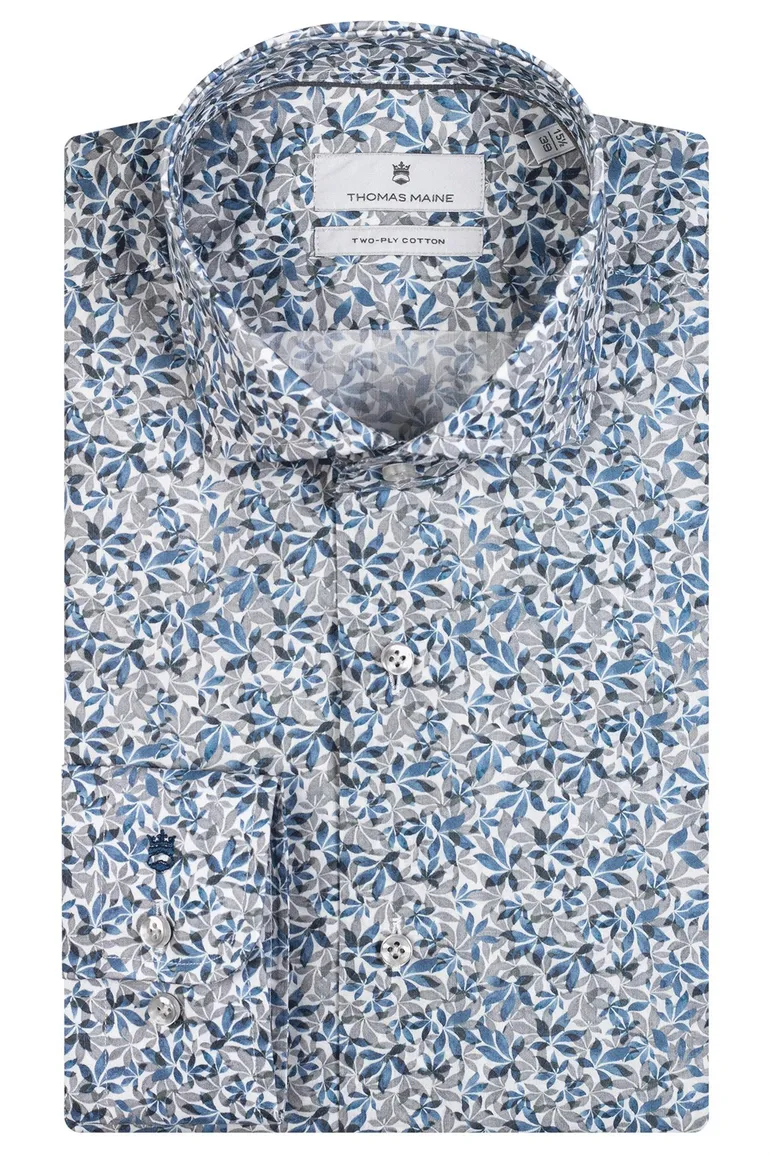 business overhemd Thomas Maine blauw geprint katoen normale fit
