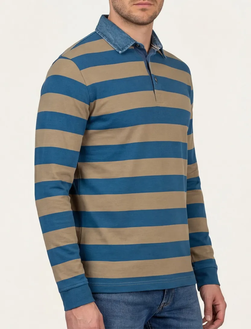 Baileys trui blauw 3 knoops gestreept 100% katoen