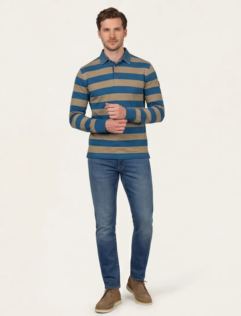 Baileys trui blauw 3 knoops gestreept 100% katoen