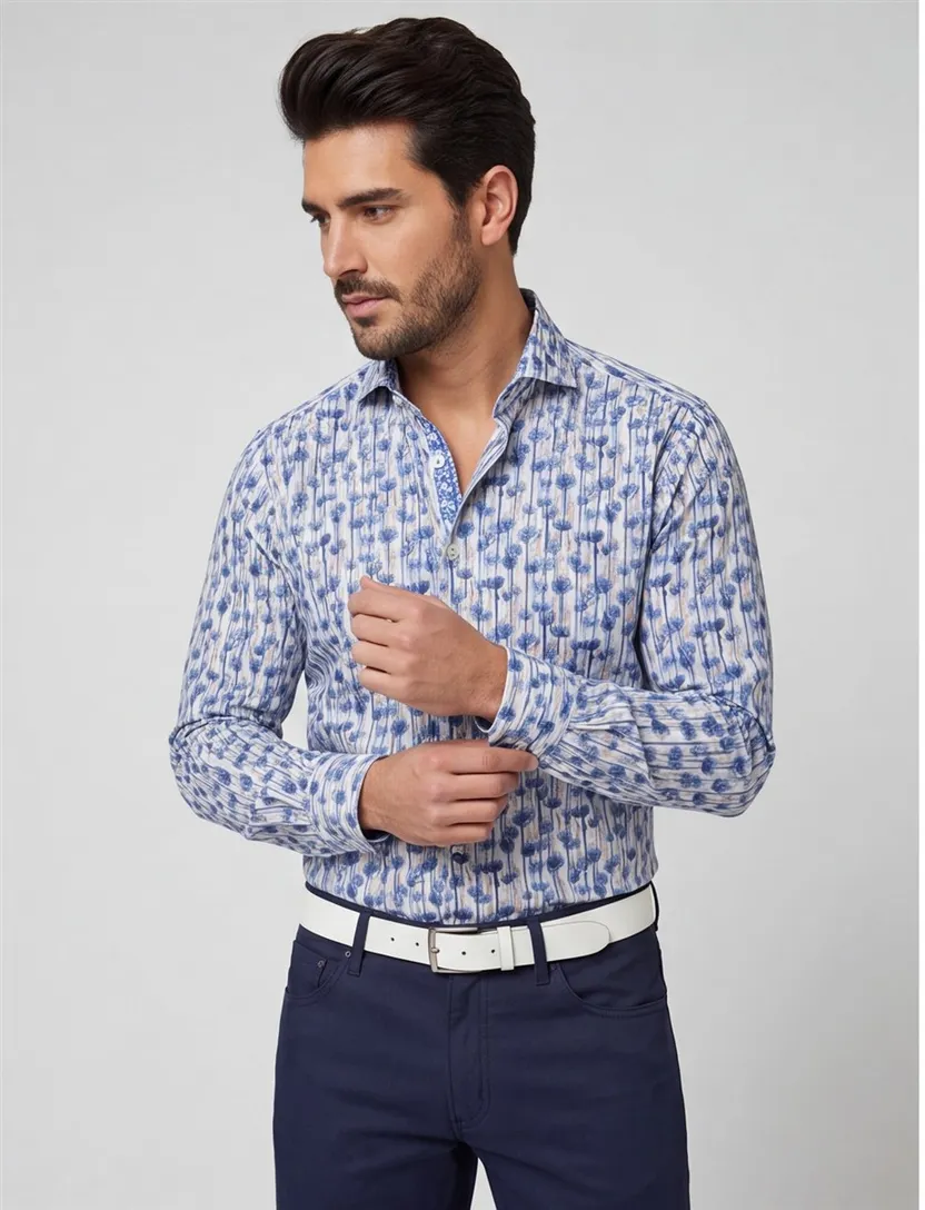 Overhemd Thomas Maine mouwlengte 7 normale fit blauw geprint katoen
