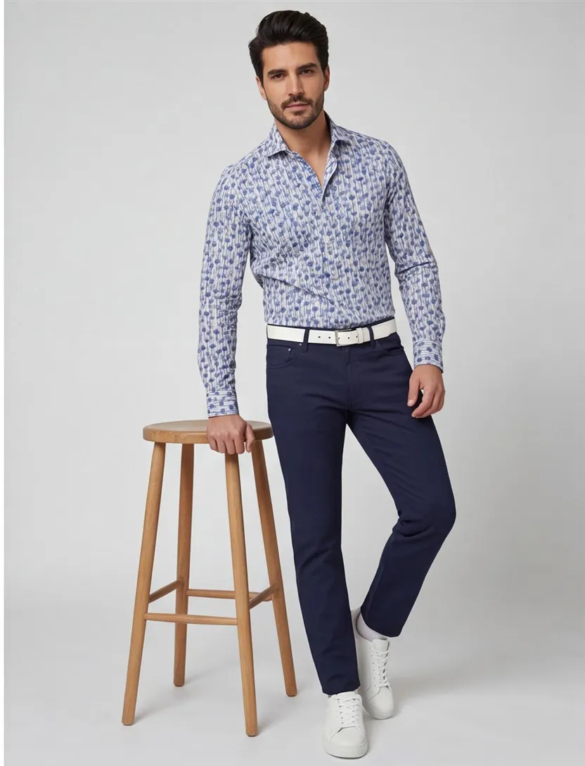 Overhemd Thomas Maine mouwlengte 7 normale fit blauw geprint katoen