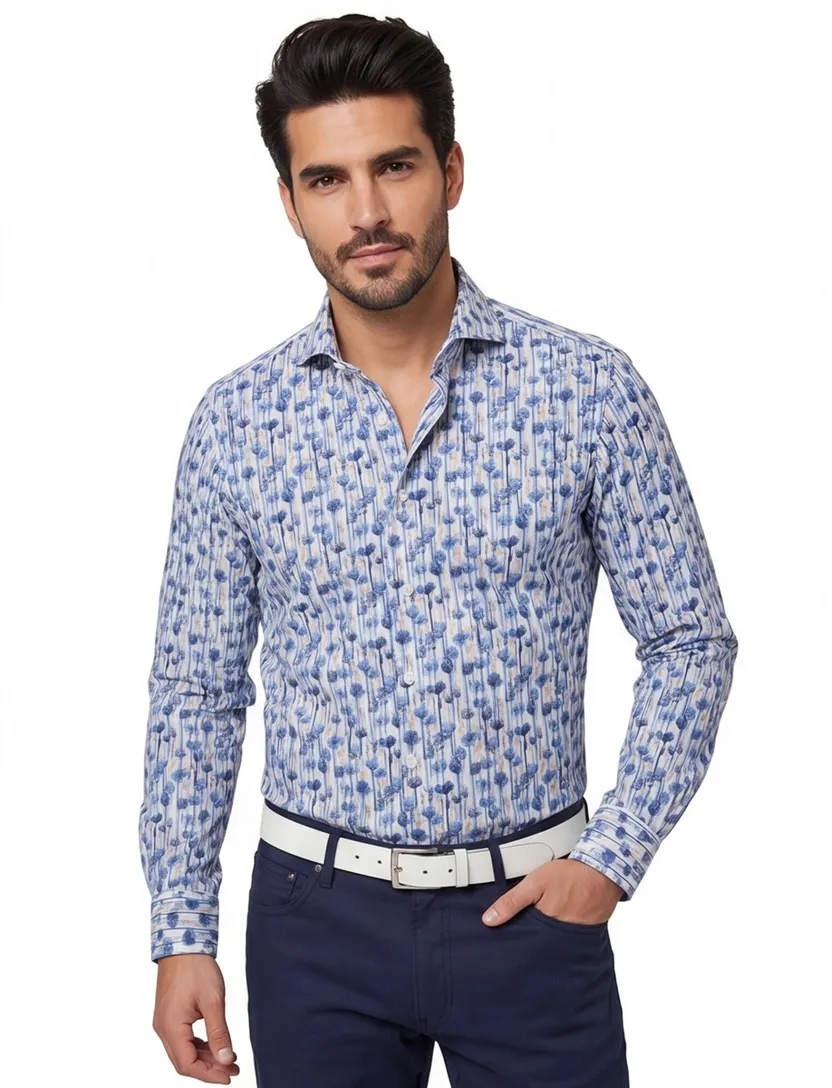 Overhemd Thomas Maine mouwlengte 7 normale fit blauw geprint katoen