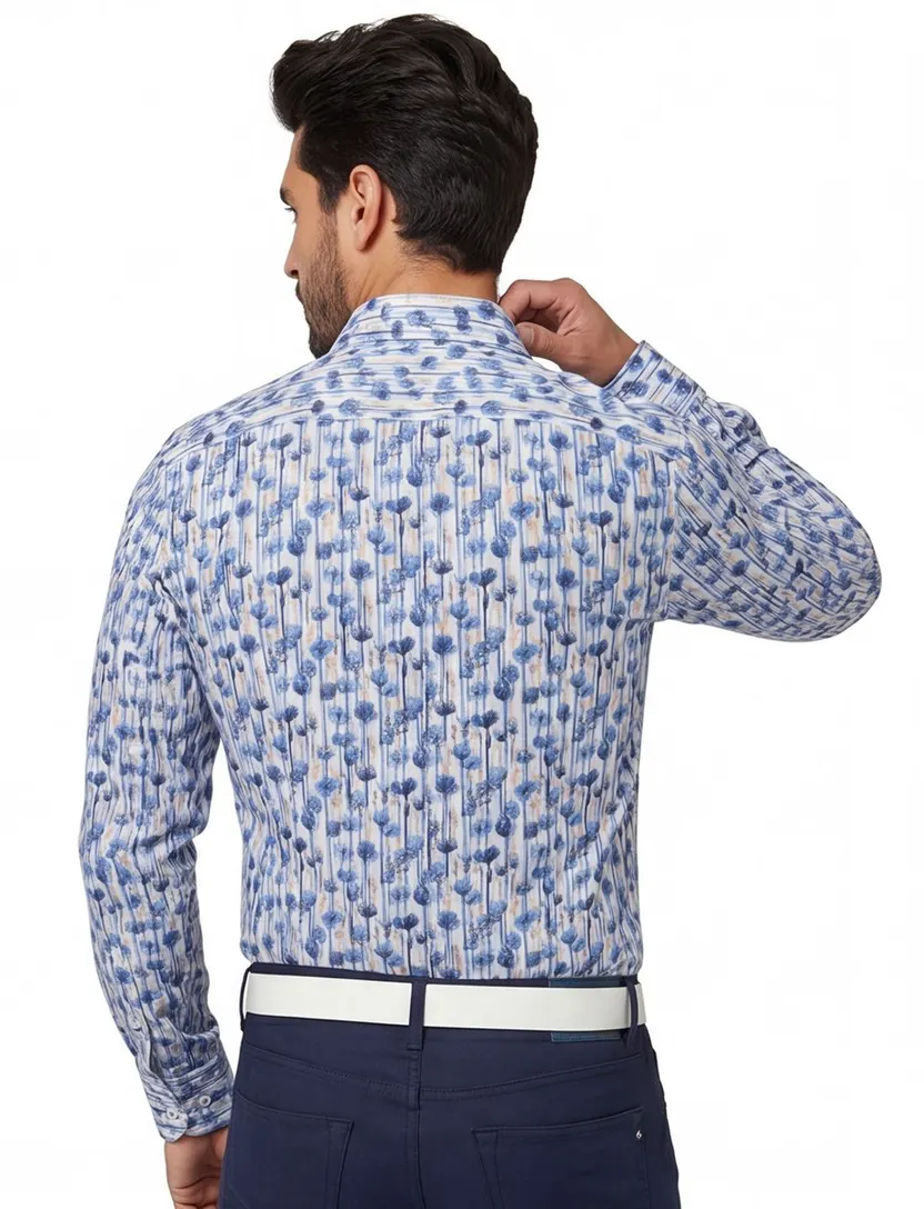 Overhemd Thomas Maine mouwlengte 7 normale fit blauw geprint katoen