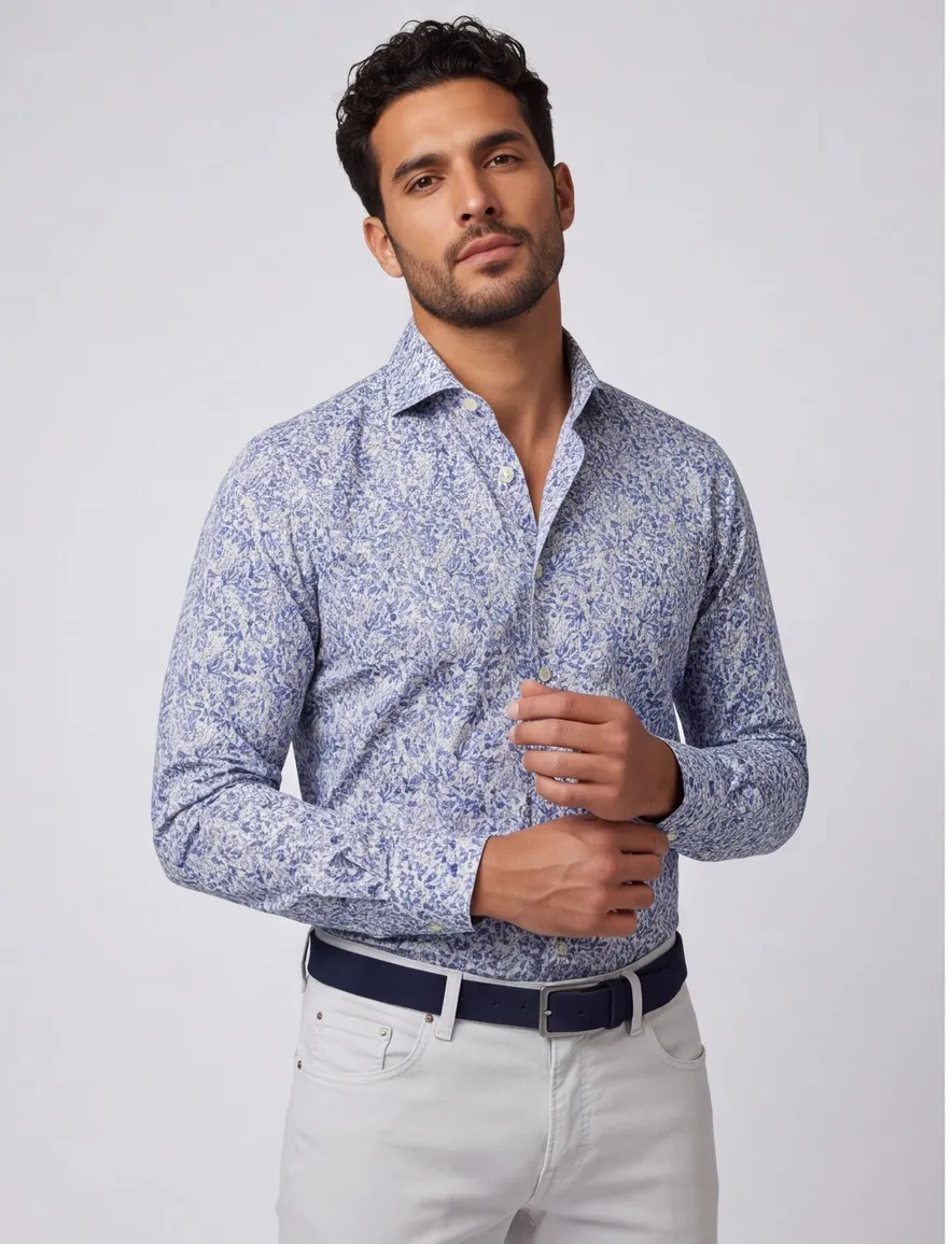 Thomas Maine overhemd ml7 blauw geprint