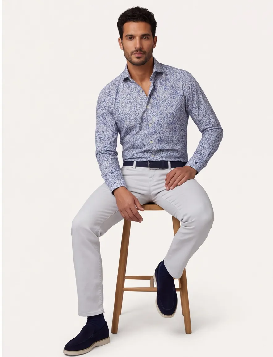 Thomas Maine overhemd ml7 blauw geprint