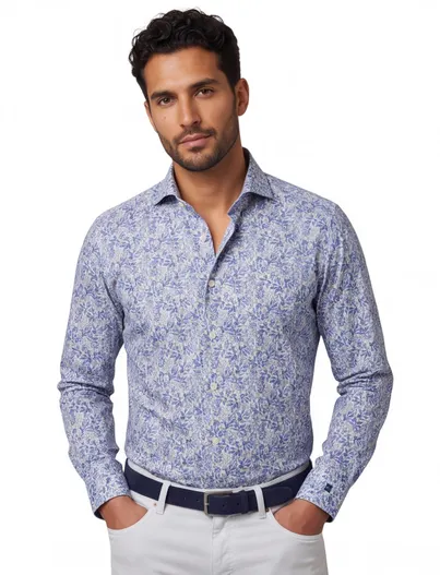 Thomas Maine Blauw geprint Thomas Maine casual overhemd normale fit katoen