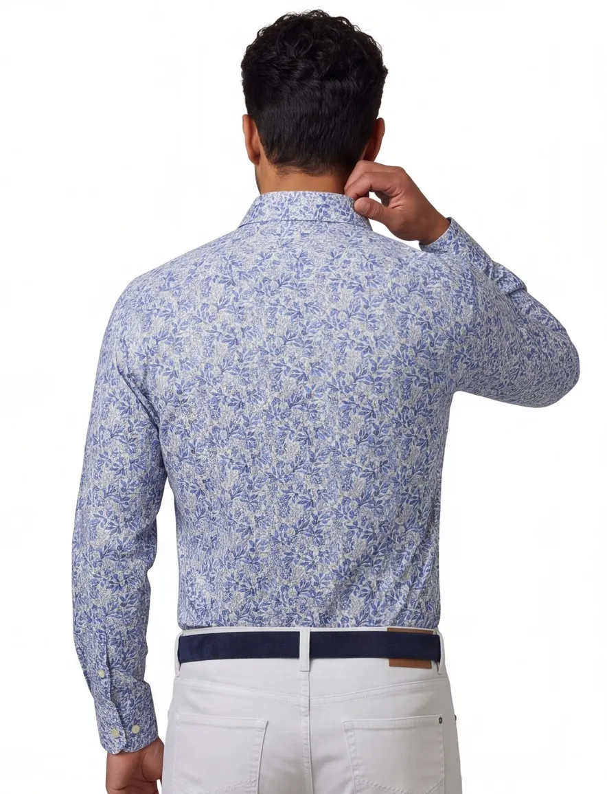Thomas Maine overhemd ml7 blauw geprint