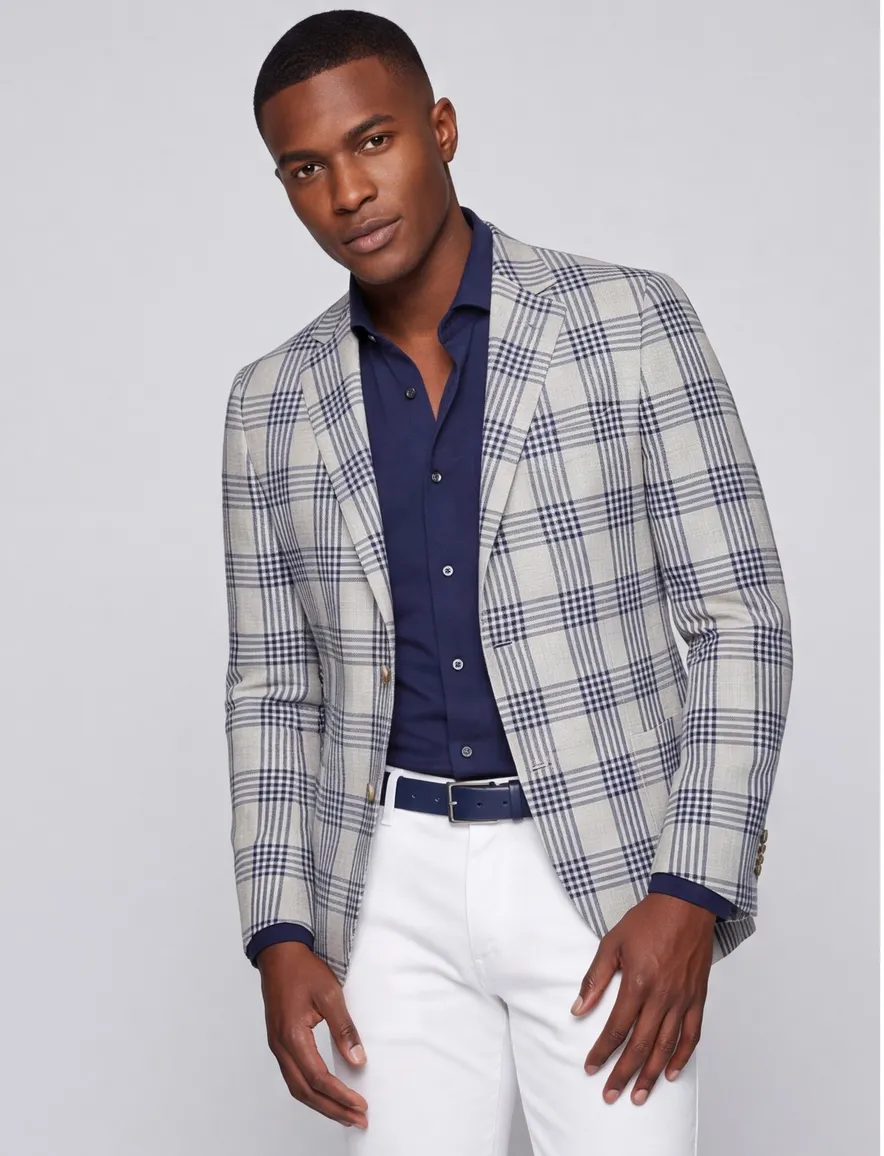 Dressler colbert wit navy geruit linnen normale fit