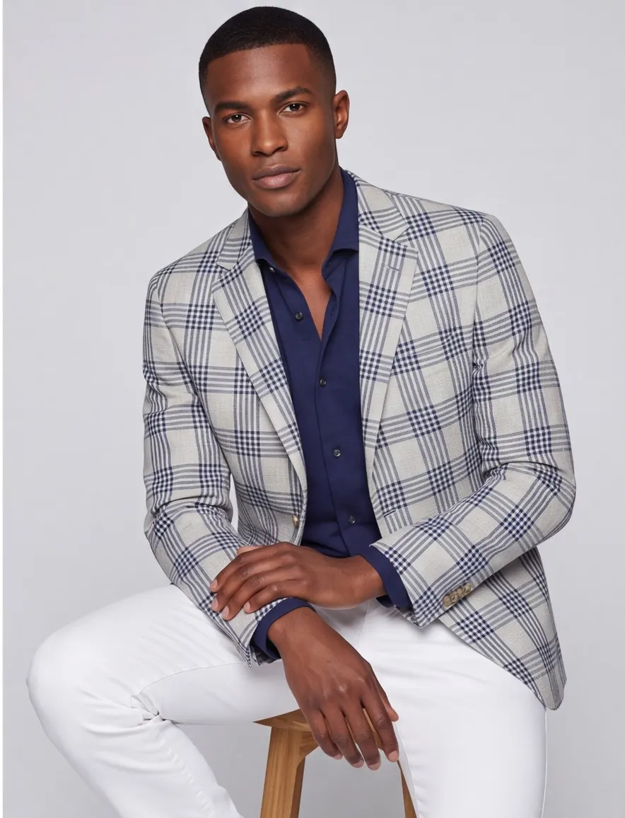 Dressler colbert wit navy geruit linnen normale fit