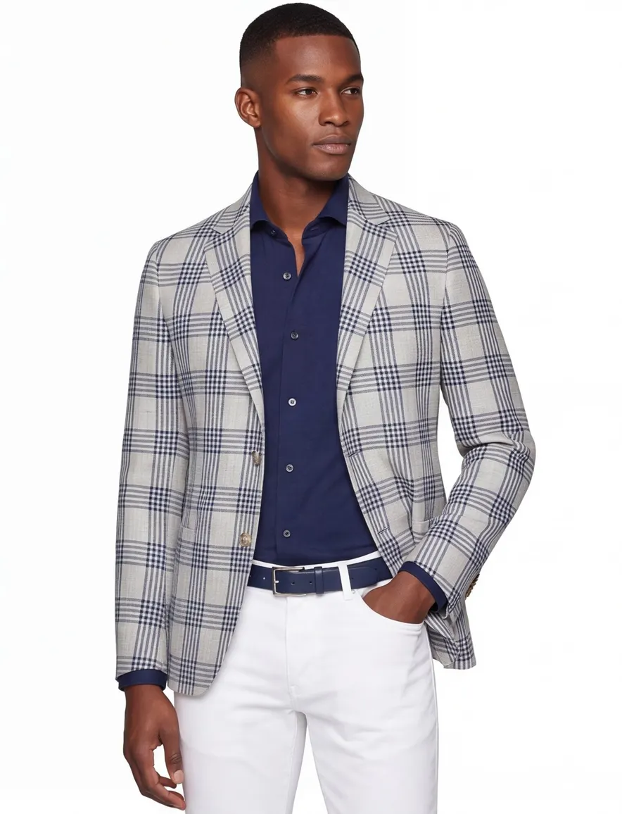 Dressler colbert wit navy geruit linnen normale fit