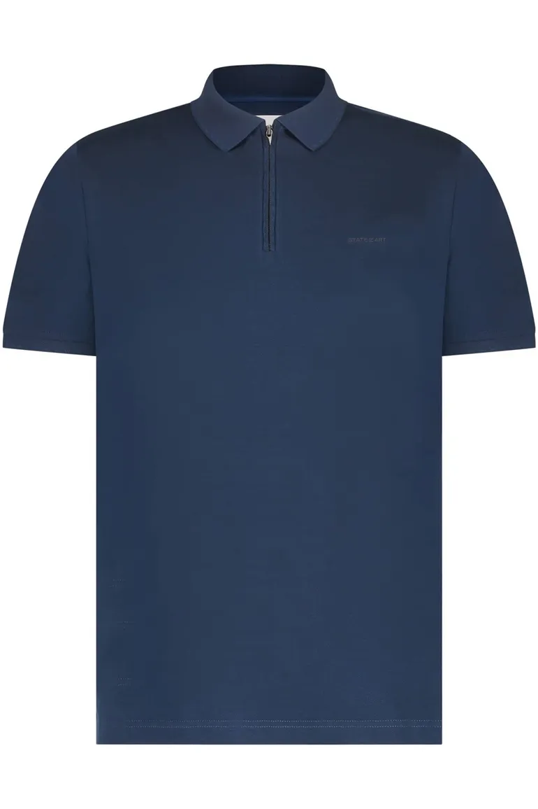 State of Art polo met rits wijde fit donkerblauw effen katoen
