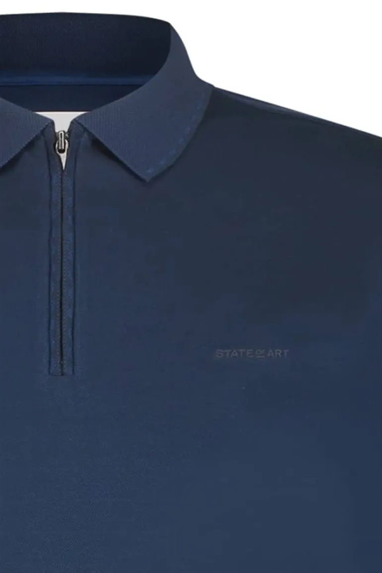 State of Art polo met rits wijde fit donkerblauw effen katoen
