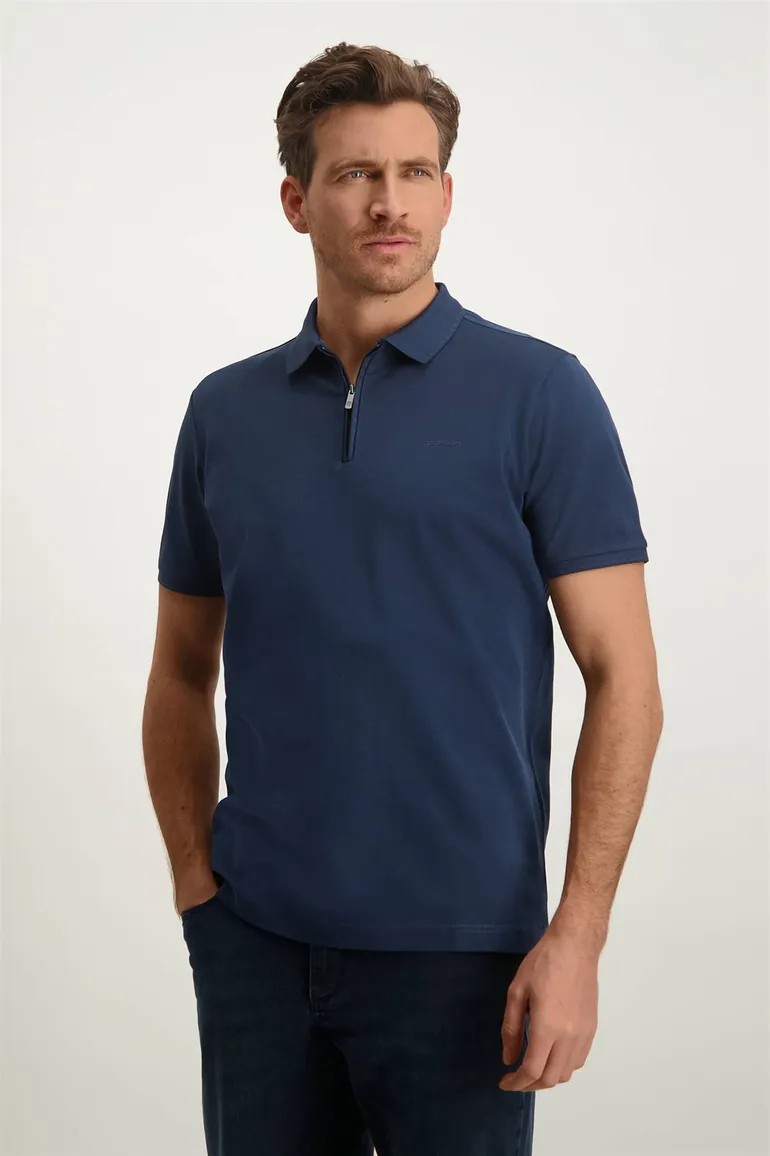 State of Art polo met rits wijde fit donkerblauw effen katoen