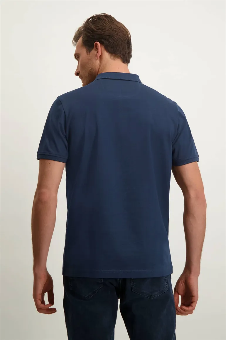 State of Art polo met rits wijde fit donkerblauw effen katoen