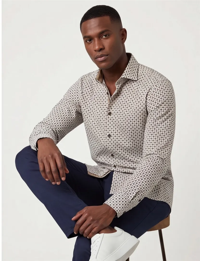 OLYMP Level Five 24/Seven overhemd extra slim fit beige geprint katoen