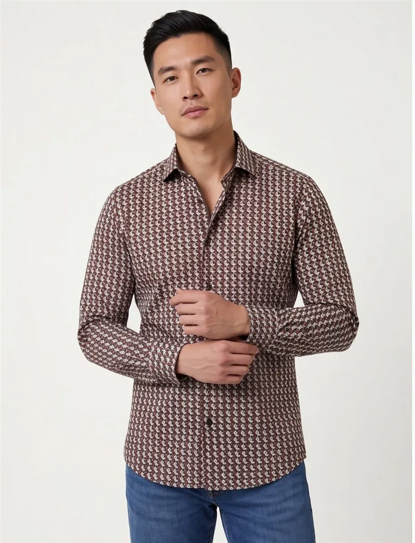 Olymp overhemd ml7 extra slim fit bruin geprint