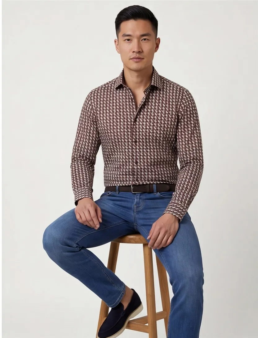 Olymp overhemd ml7 extra slim fit bruin geprint