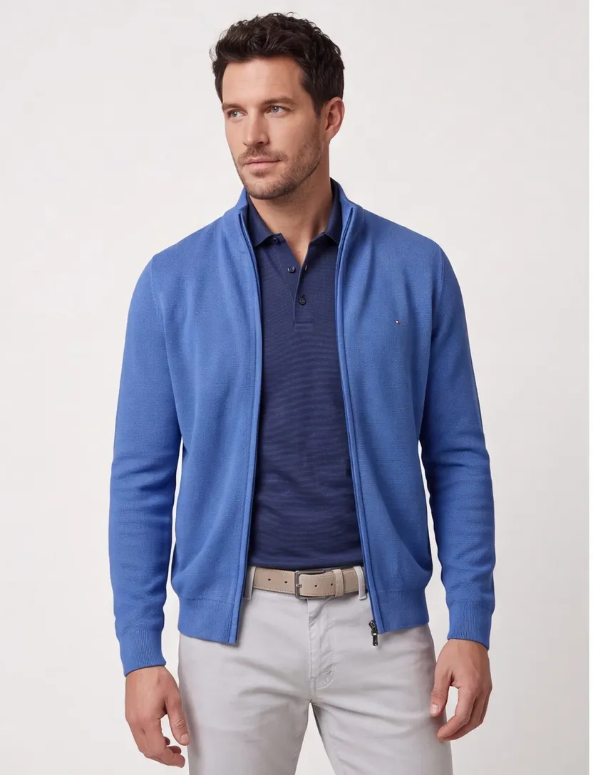 Portofino vest opstaande kraag blauw rits effen katoen 100% extra lang