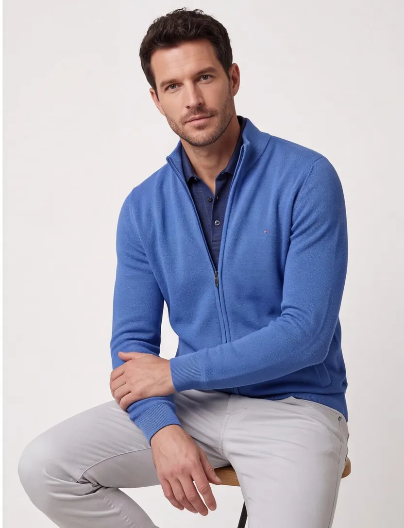 Portofino vest opstaande kraag blauw rits effen katoen 100% extra lang