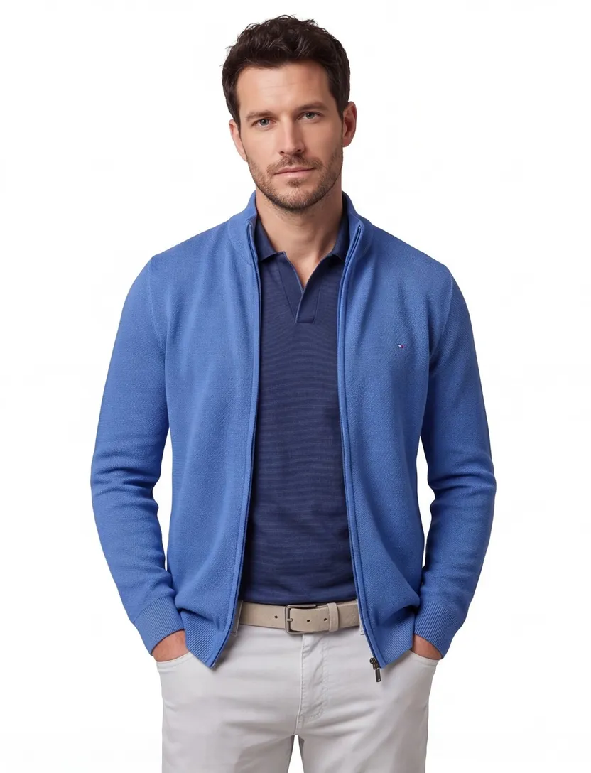 Portofino vest opstaande kraag blauw rits effen katoen 100% extra lang