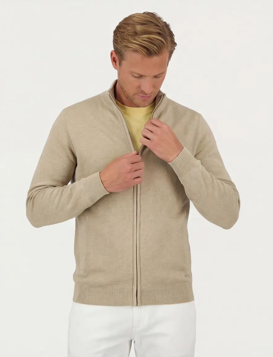 Portofino vest extra lang opstaande kraag beige rits effen katoen