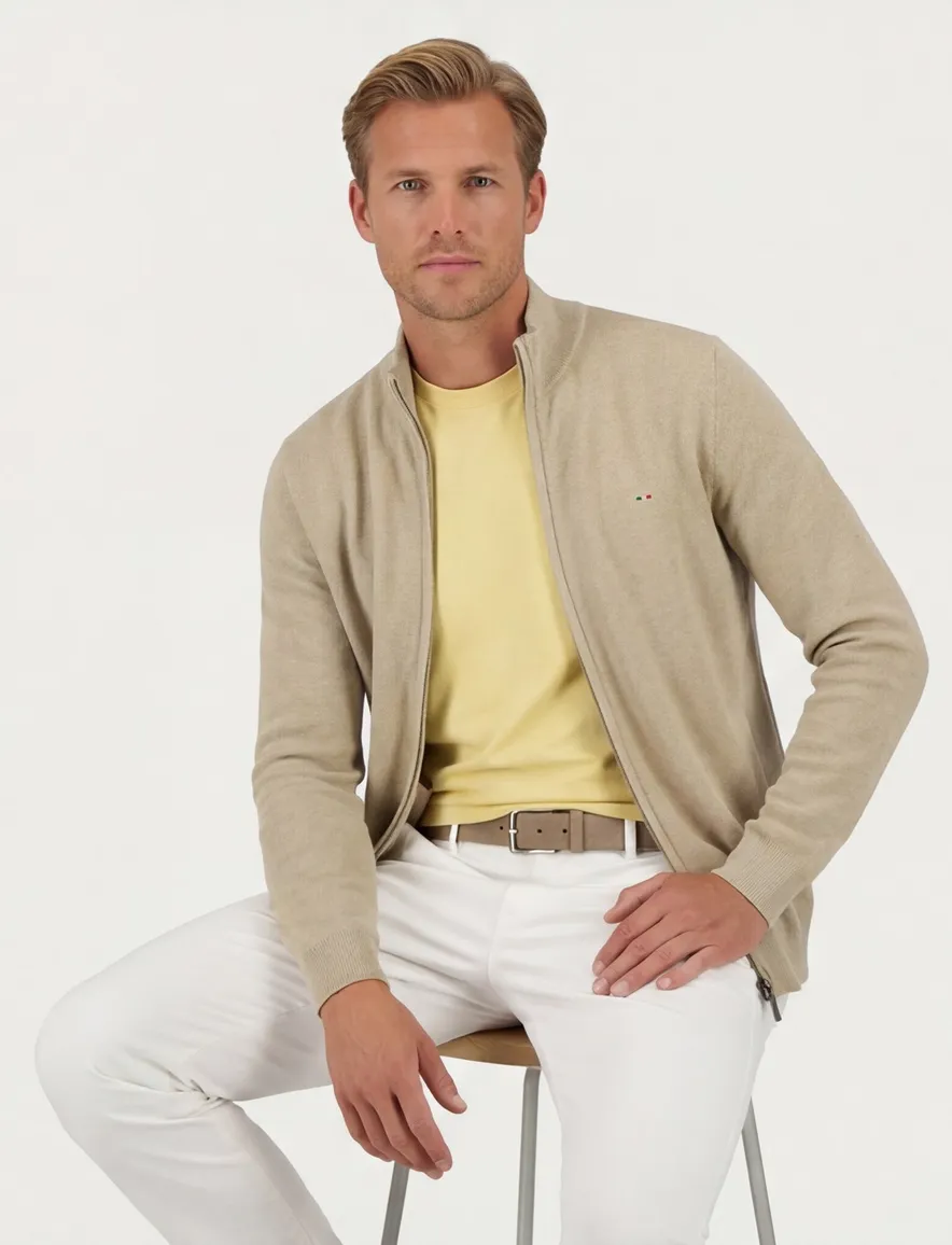 Portofino vest extra lang opstaande kraag beige rits effen katoen