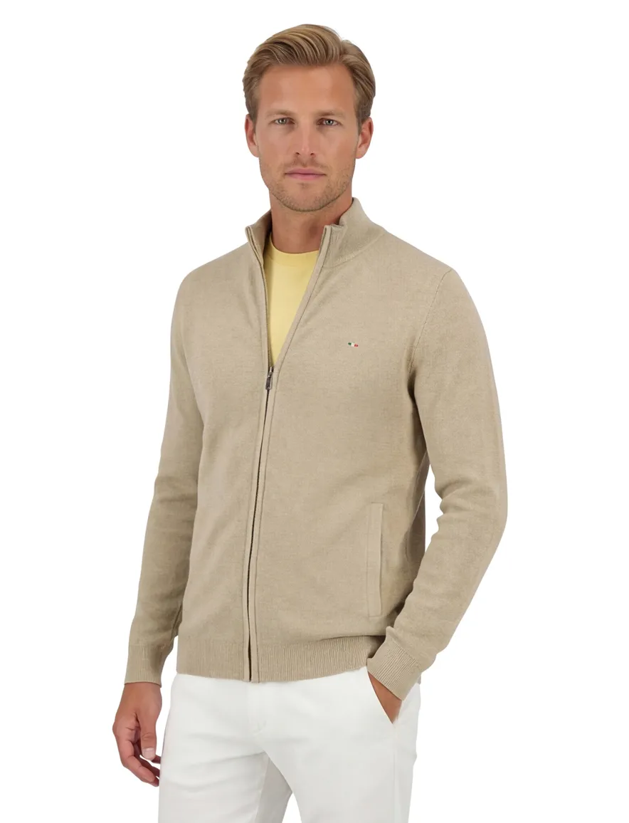 Portofino vest extra lang opstaande kraag beige rits effen katoen