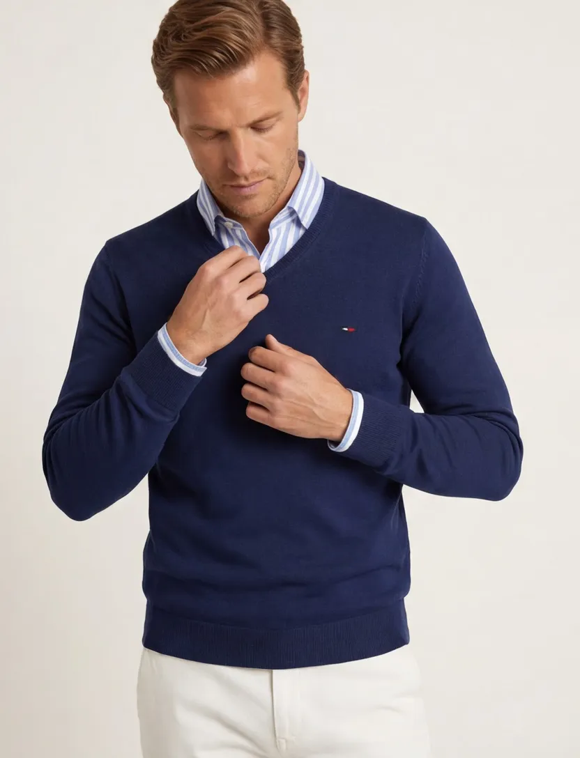 Portofino trui v-hals normale fit blauw extra lang