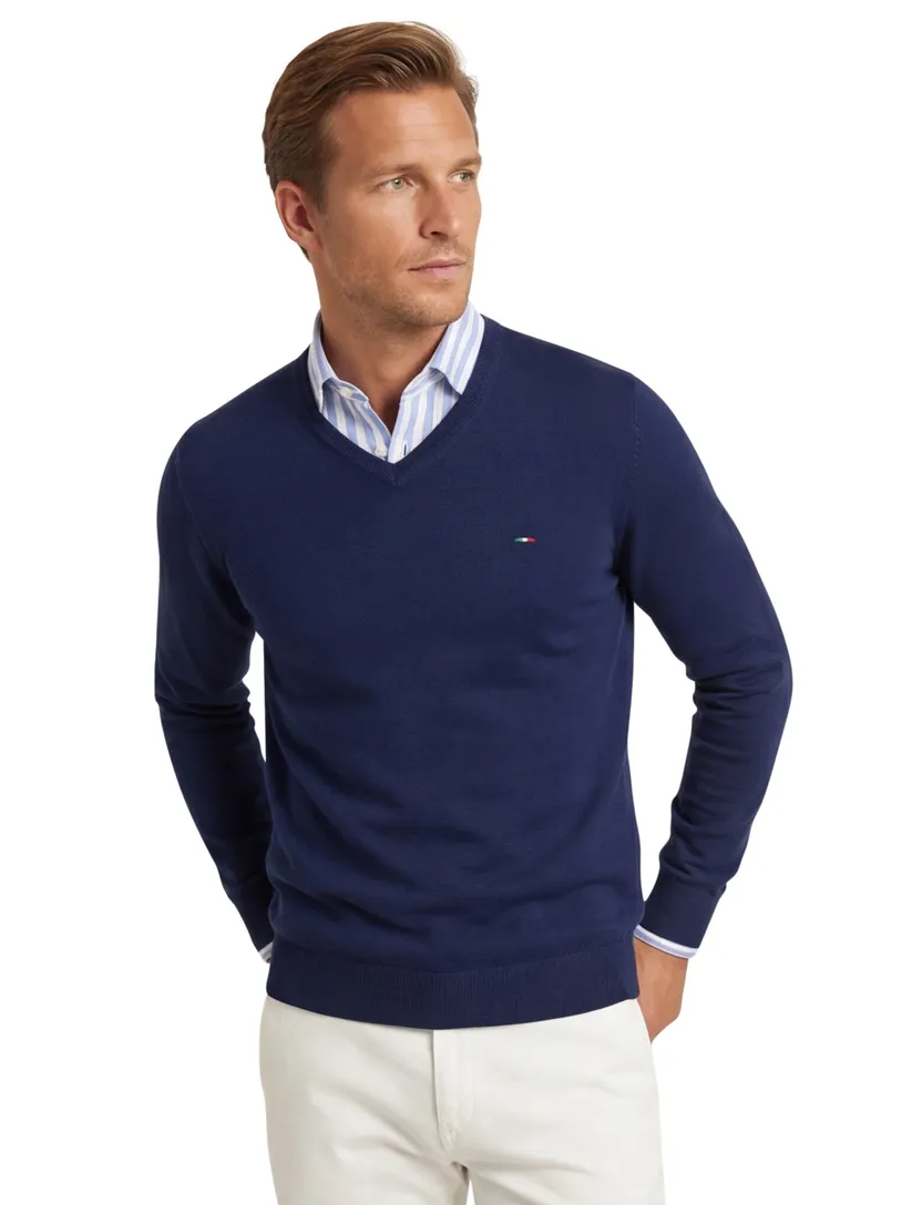 Portofino trui v-hals normale fit blauw extra lang