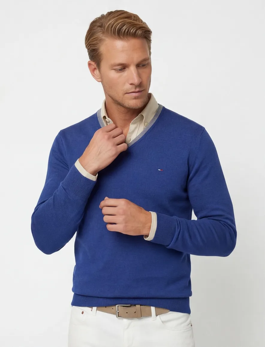 Portofino trui v-hals blauw extra lang