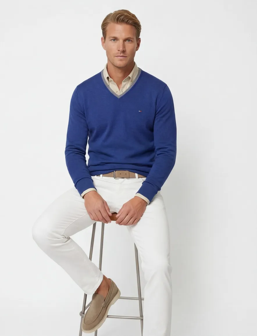 Portofino trui v-hals blauw extra lang