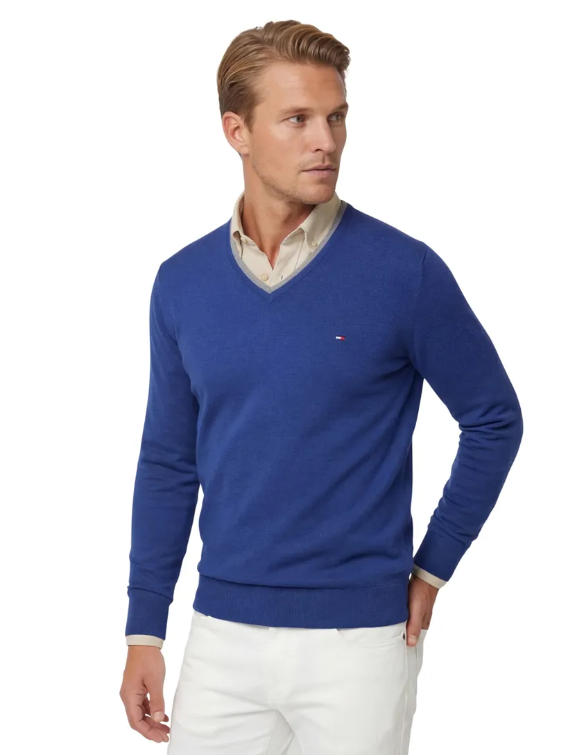 Portofino trui extra lange mouwlengte v-hals donkerblauw effen katoen 100%