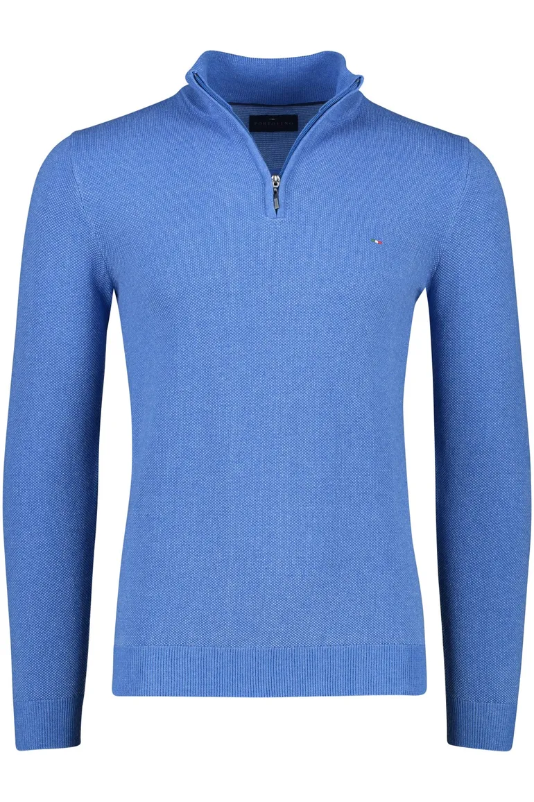 Portofino trui extra lange mouwlengte opstaande kraag blauw effen katoen