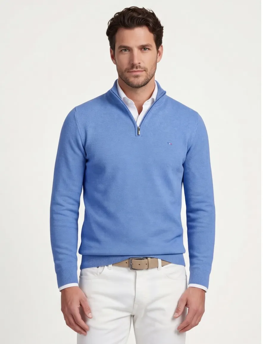 Portofino trui extra lange mouwlengte blauw gemêleerd katoen