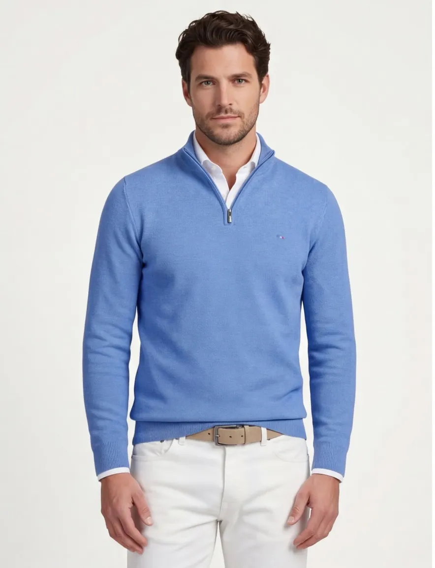 Portofino trui extra lange mouwlengte opstaande kraag blauw gemêleerd katoen