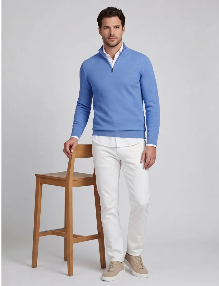 Portofino trui extra lange mouwlengte blauw gemêleerd katoen