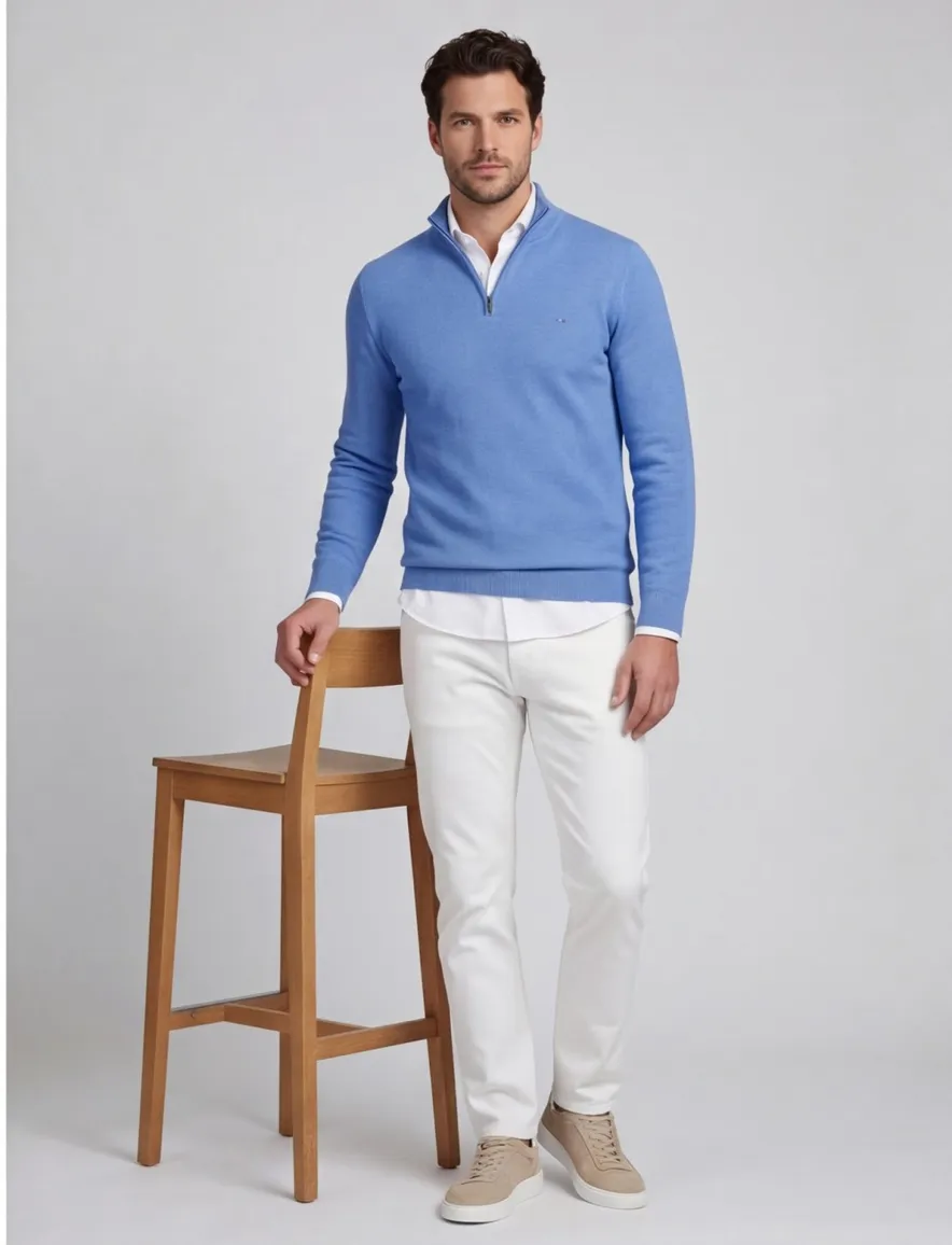 Portofino trui extra lange mouwlengte opstaande kraag blauw gemêleerd katoen