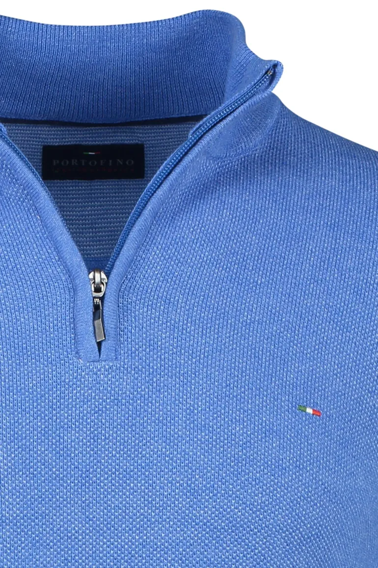 Portofino trui extra lange mouwlengte opstaande kraag blauw effen katoen