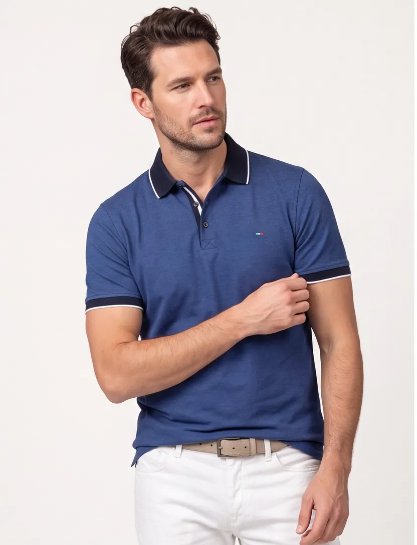 Portofino poloshirt korte mouw normale fit blauw effen katoen extra lang