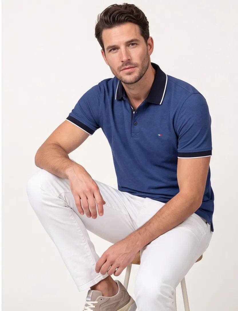 Portofino poloshirt korte mouw normale fit blauw effen katoen extra lang