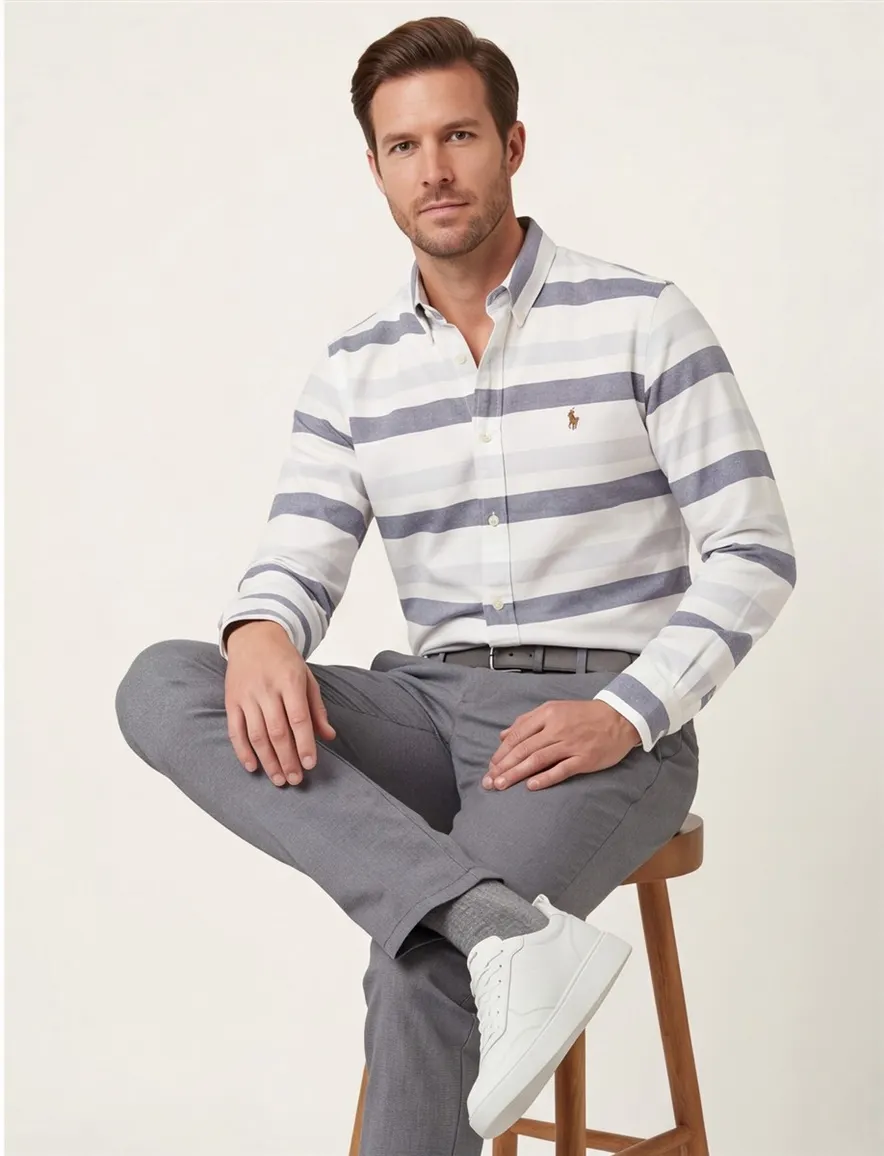 Polo Ralph Lauren casual overhemd normale fit grijs gestreept katoen