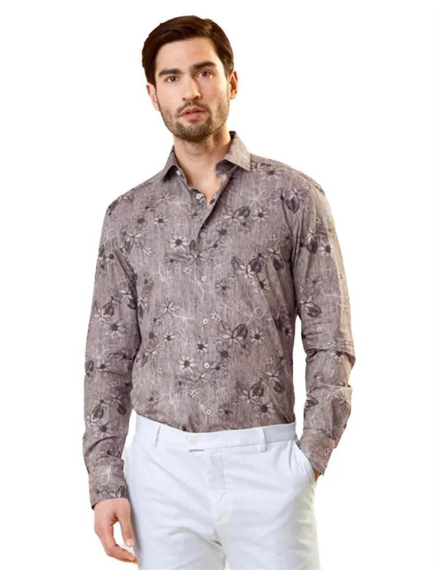 Cavallaro overhemd slim fit bruin bloemenprint katoen