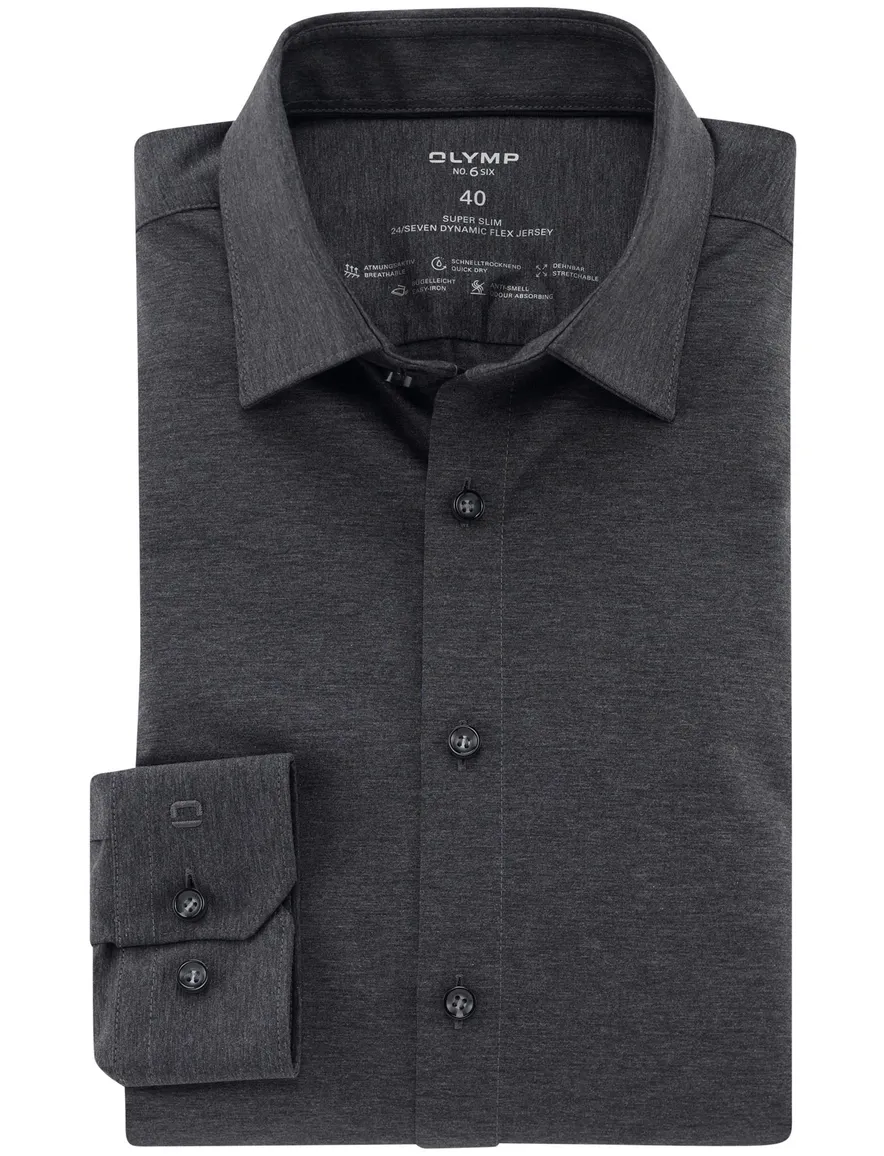Olymp No. Six 24/Seven donkergrijs jersey overhemd katoen