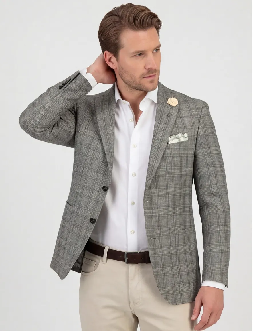 Carl Gross Sakko colbert groen geruit linnen perfect match normale fit