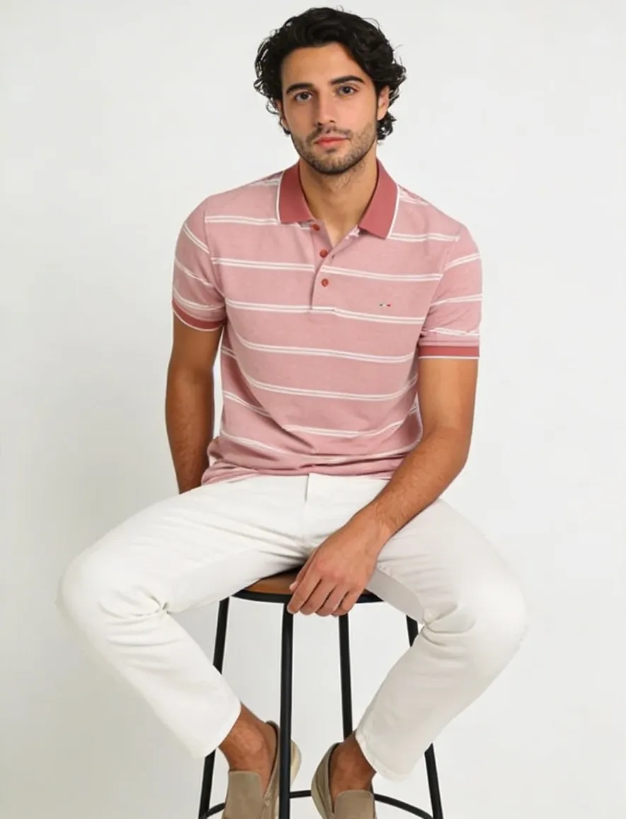 Portofino polo normale fit roze en wit gestreept katoen