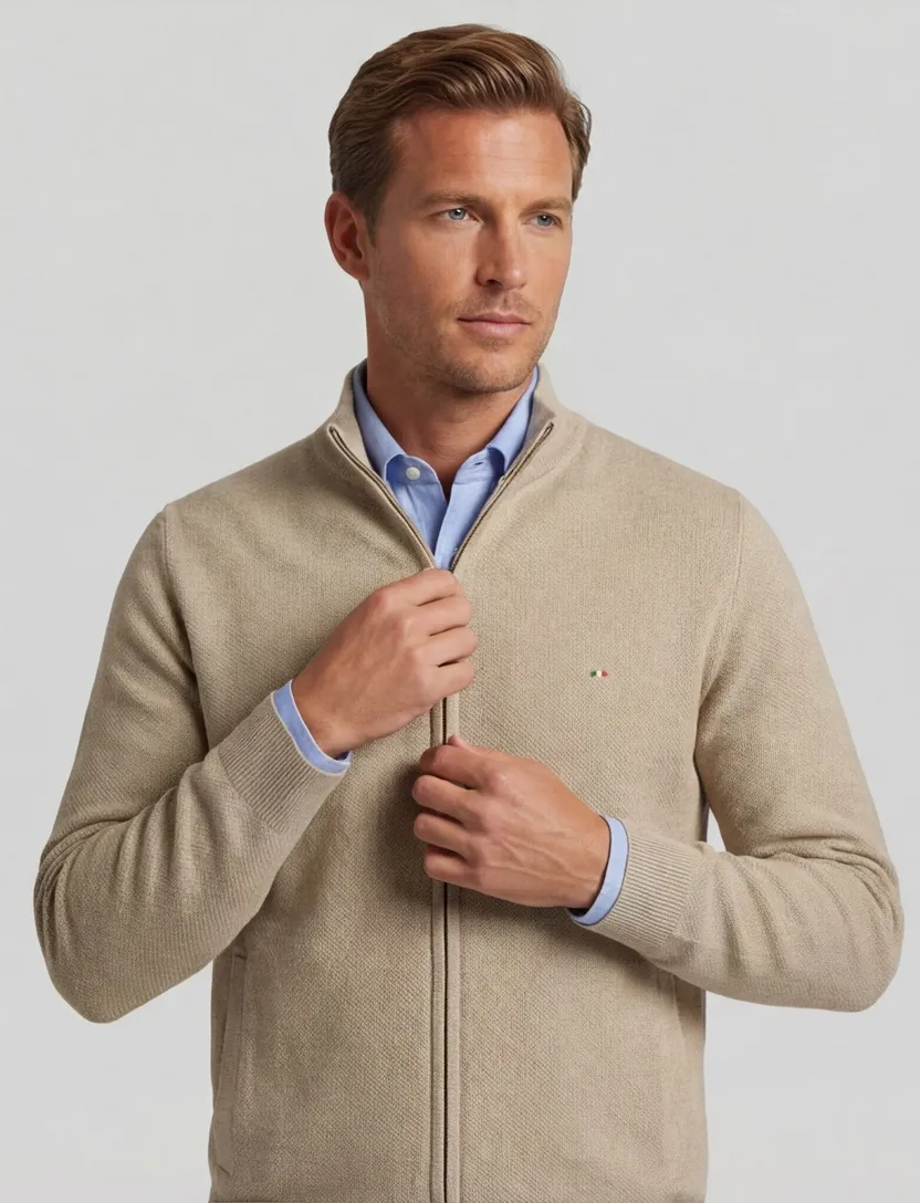 Portofino vest beige rits effen katoen opstaande kraag