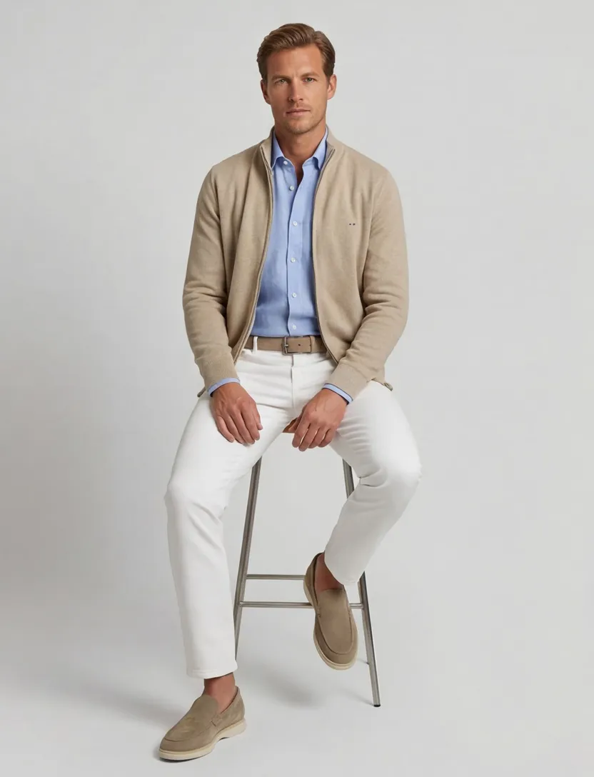 Portofino vest beige rits effen katoen opstaande kraag