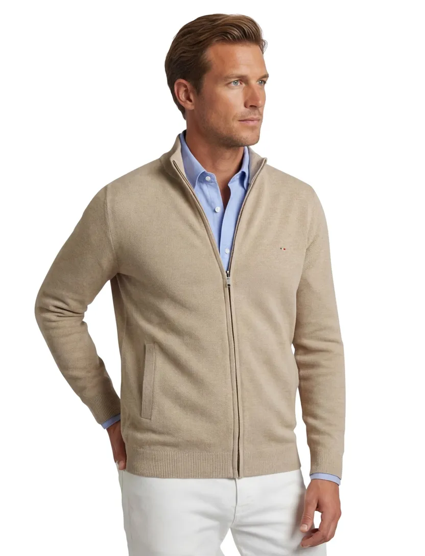 Portofino vest beige rits effen katoen opstaande kraag