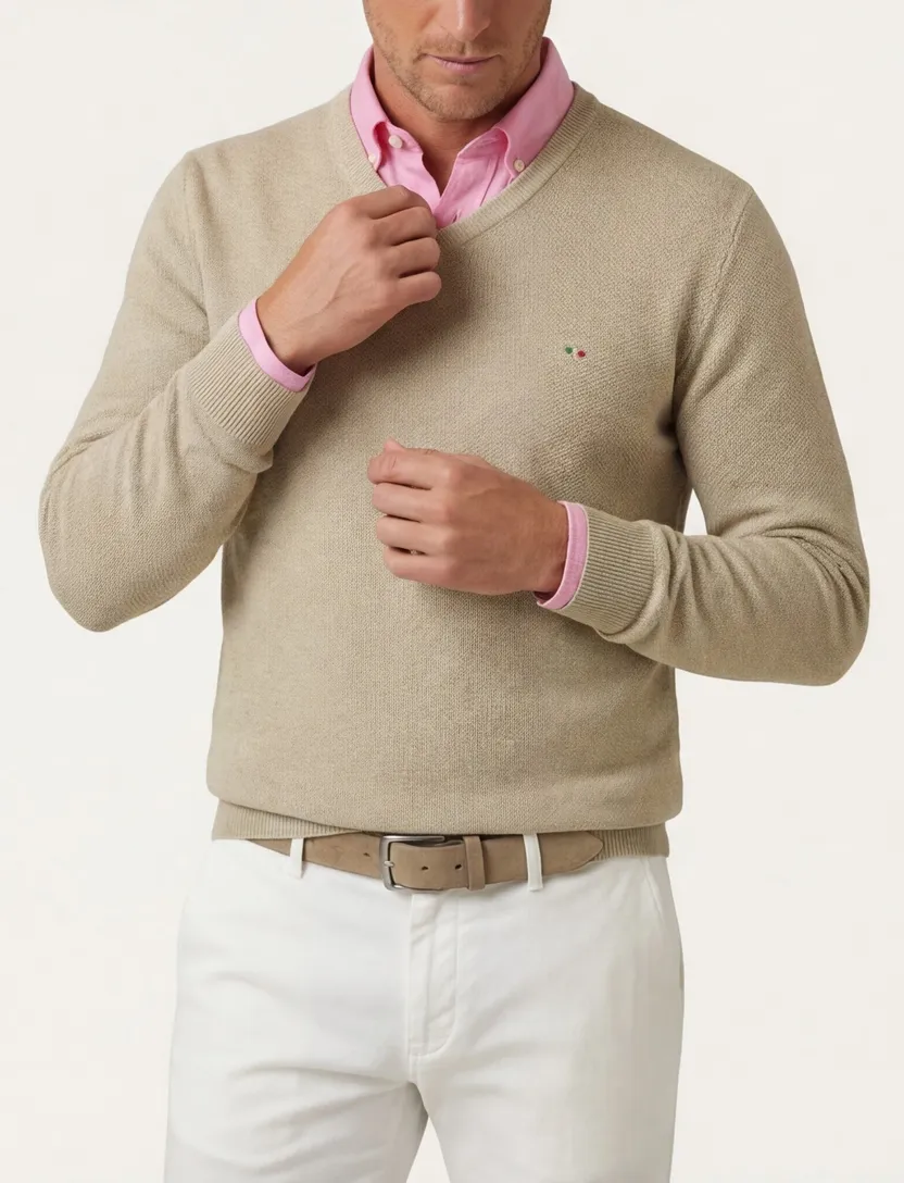 Portofino trui v-hals beige effen katoen lange mouwen