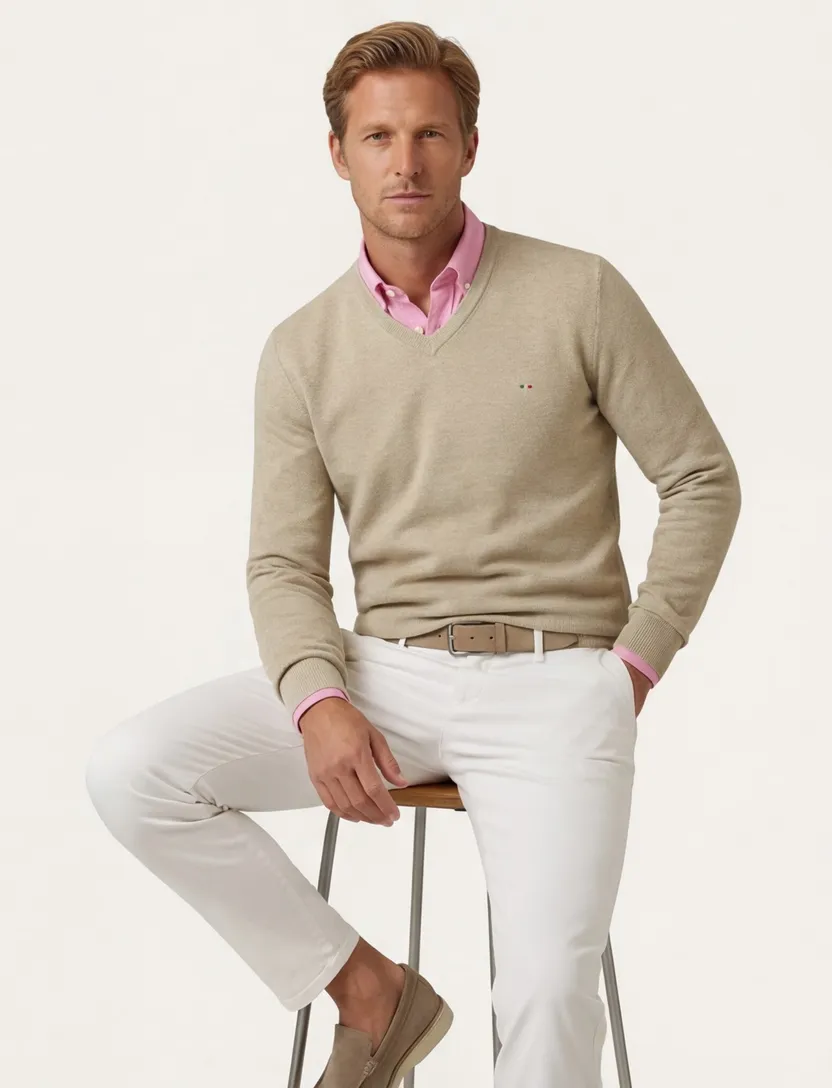 Portofino trui v-hals beige effen katoen lange mouwen